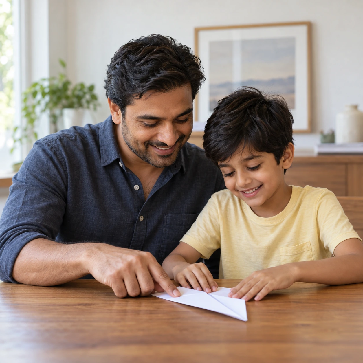 Illustration of a father and son making a paper airplane