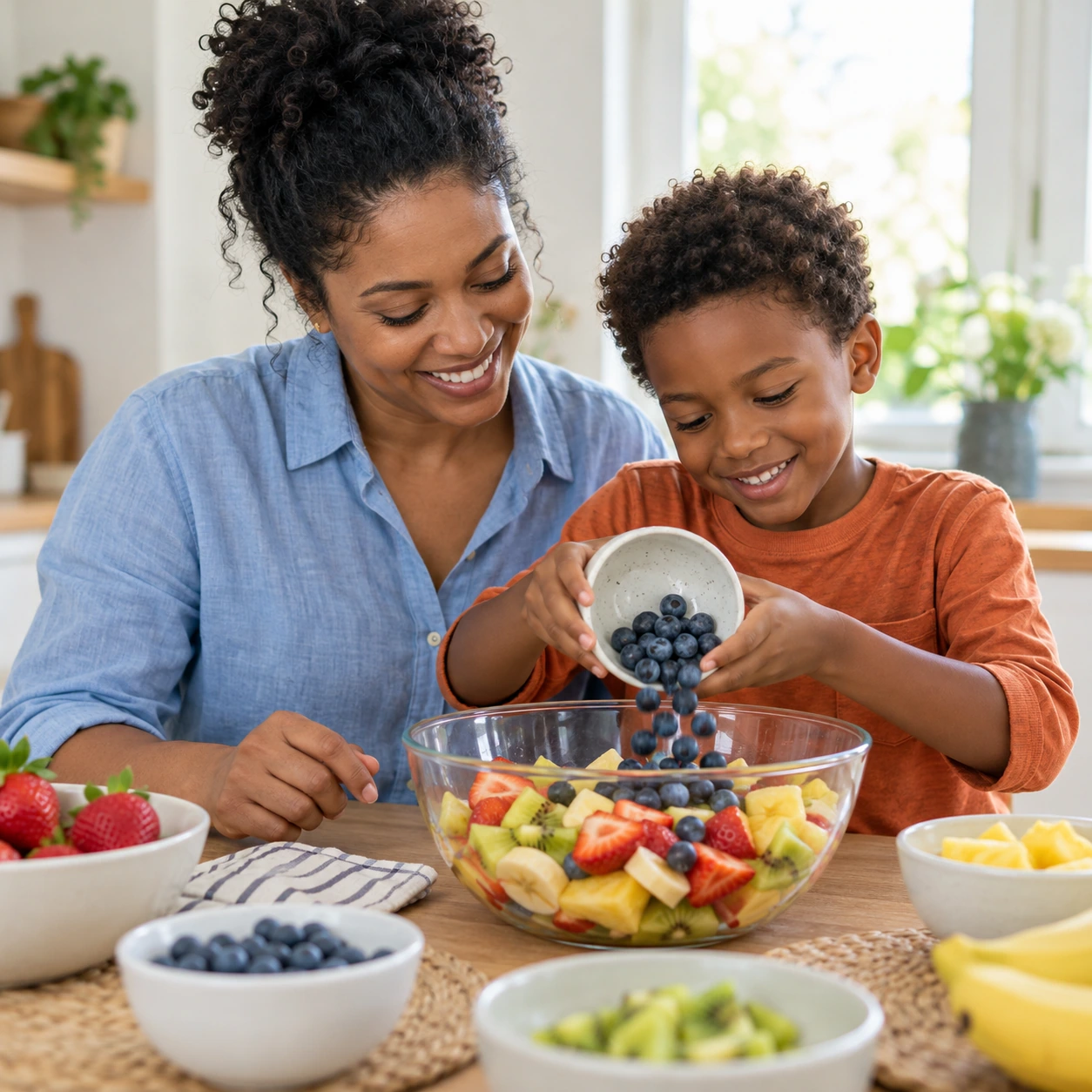 Illustration of a mother and son making a fruit salad