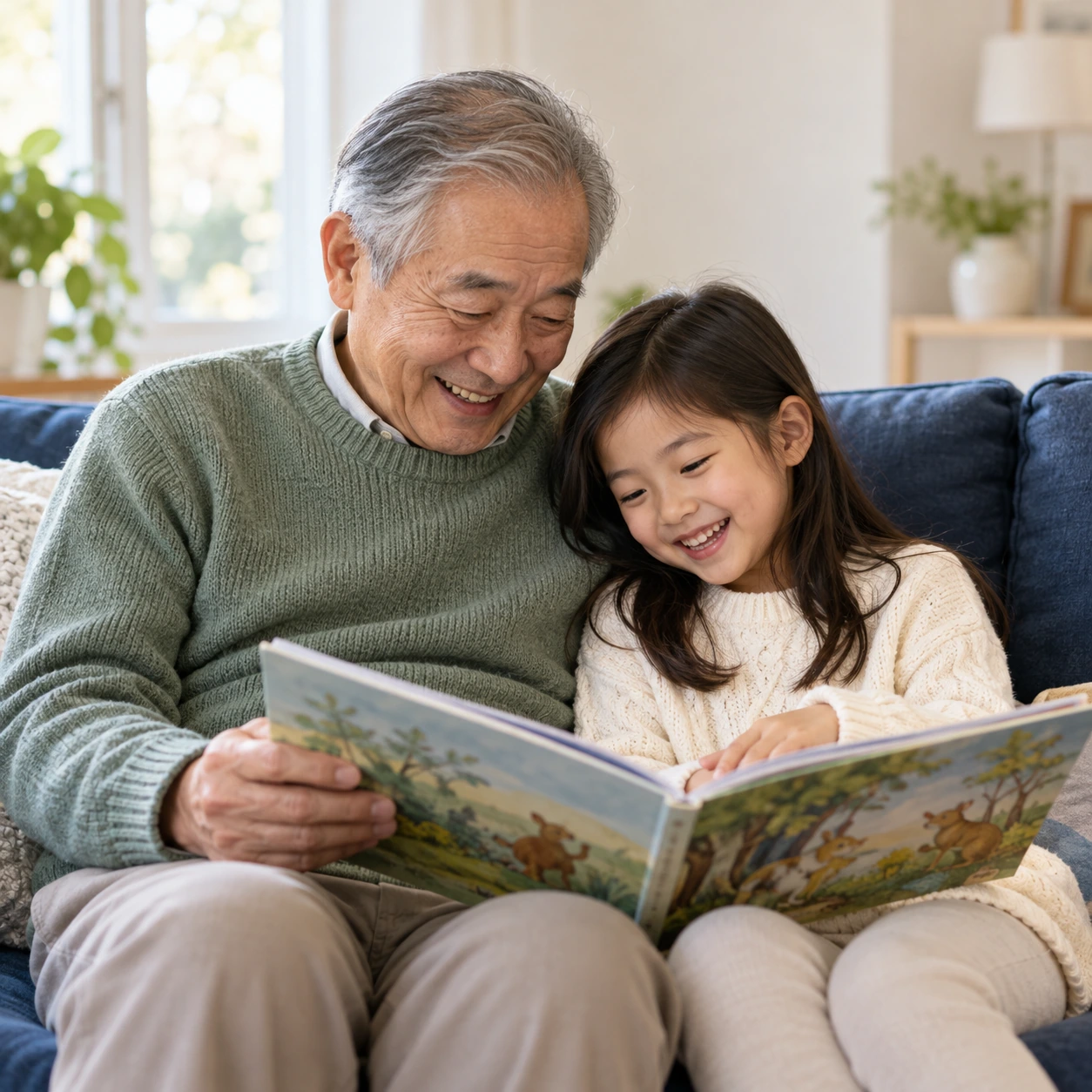 Illustration of a grandfather and granddaughter reading together