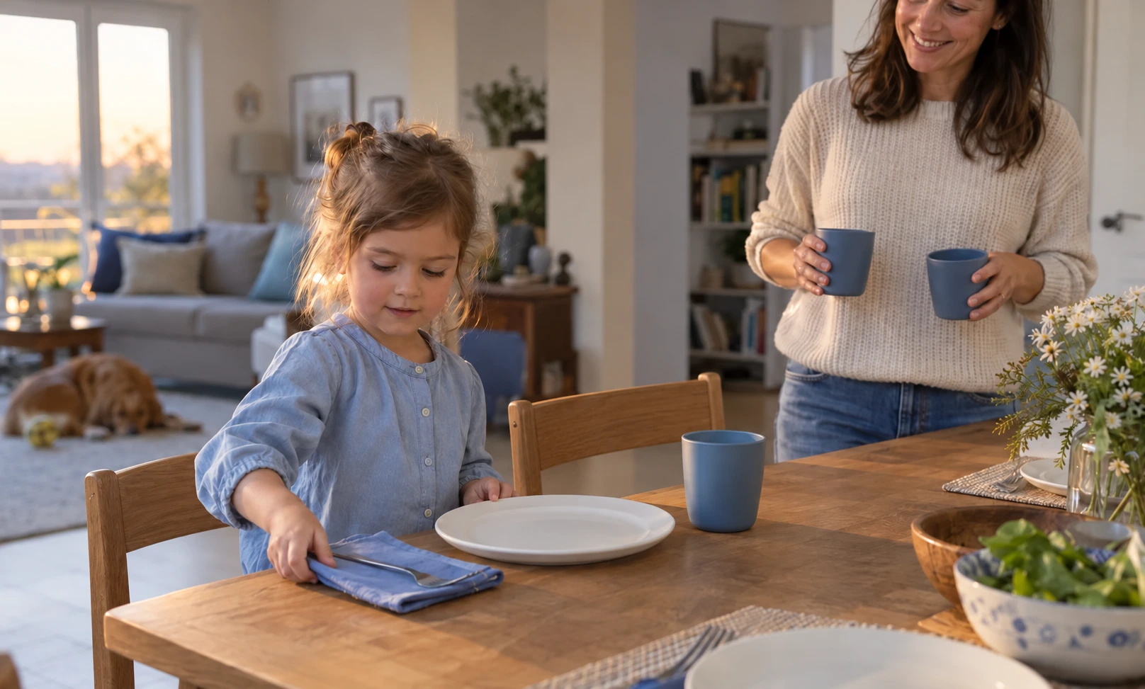 Illustration of a child setting the table with a parent